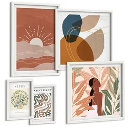 BILDER SET 5er Set - 50x50 cm & 20x30 cm & 40x60 cm Weißer Rahmen - Boho-Ästhetik, Pastellposter