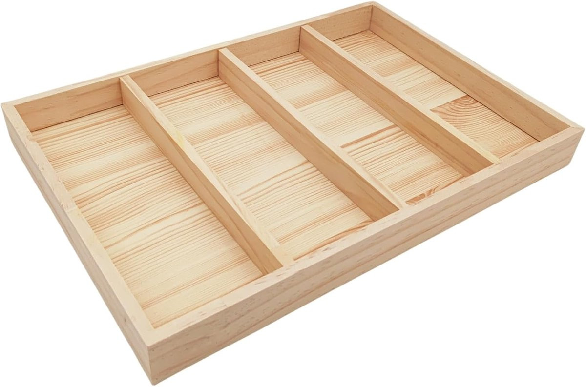 Onafgewerkte houten opbergverdeler met 4 vakken voor sieraden en verzamelobjecten