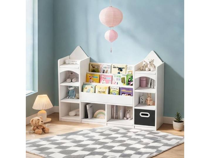 Meuble de rangement enfant en MDF blanc avec bacs pliables 130x30x90 cm design château