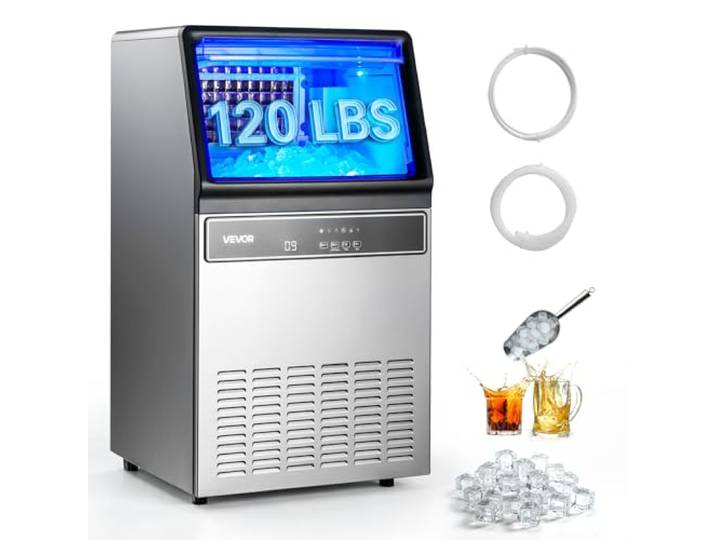 VEVOR Kommerzielle Eismaschine Eiswürfelmaschine 54,4 kg/Tag mit 15 kg Speicher, Freistehender und unter der Theke Stehender Eiswürfelbereiter aus Edelstahl mit LED-Anzeige & Selbstreinigung