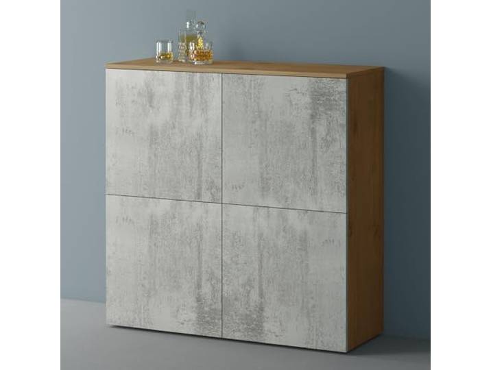 Mai & Mai Sideboard 100cm Kommode 4 Türen Soft-Close grifflos Stauraum Kommodenschrank, Wohnzimmer Möbel, Flurschrank, bis zu 8 Staufächer, Kerneiche + Beton, BxTxH:100x36,4x98cm, Schrank04