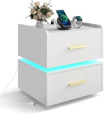 Costway Nightstand with Charging Station LED Bedside Table with 2 Storage Drawers-White