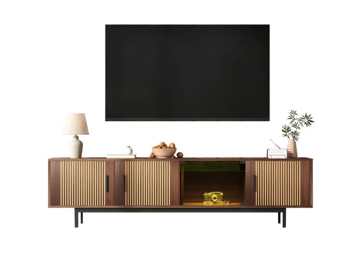 Flora Grace Lowboard 200/35/53 cm in Schwarz/Walnussbraun mit LED-Beleuchtung und Glastüren, 200x53x35 cm, Wohnzimmer, TV Möbel, Lowboards, Lowboards stehend