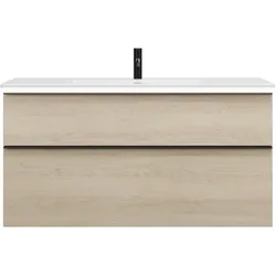 burgbad Eqio Slim Keramik-Waschtisch inklusive Waschtischunterschrank mit LED-Beleuchtung, 1220x490x640mm, SHBU122F3180C0001G0252, Farbe: Eiche Dekor Cashmere / Eiche Dekor Cashmere, Griffleiste