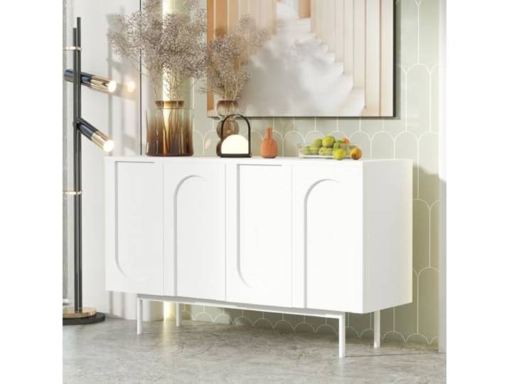 YuQozii Modern minimalistisches reinweißes Sideboard mit 4 Türen im Bogenmuster für Esszimmer und Wohnzimmer (Weiß)