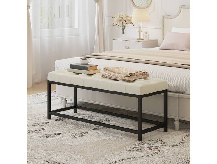 HOMCOM Banc Velours Capitonné Métal Crème Chambre/Salon