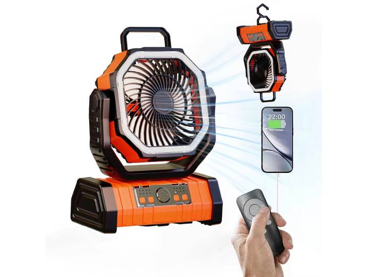 Ventilateur portatif à piles de 20000mAh, Rechargeable, pour bureau/Camping, avec lumière LED et crochet, pour tente, voyage en voiture