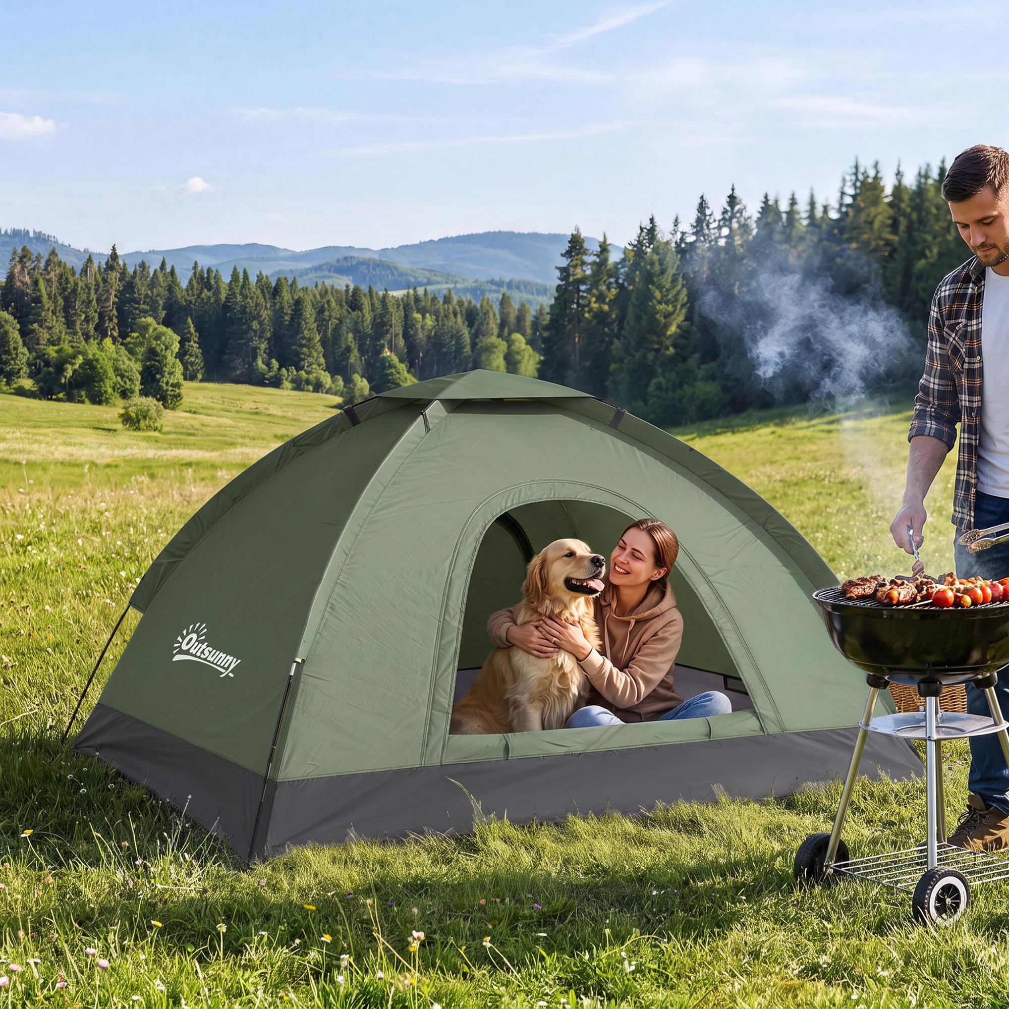 Outsunny Tenda da Campeggio Singola con Porta a Cerniera, Zanzariera e Finestre a Rete, 206x152x110cm, Verde Aosom