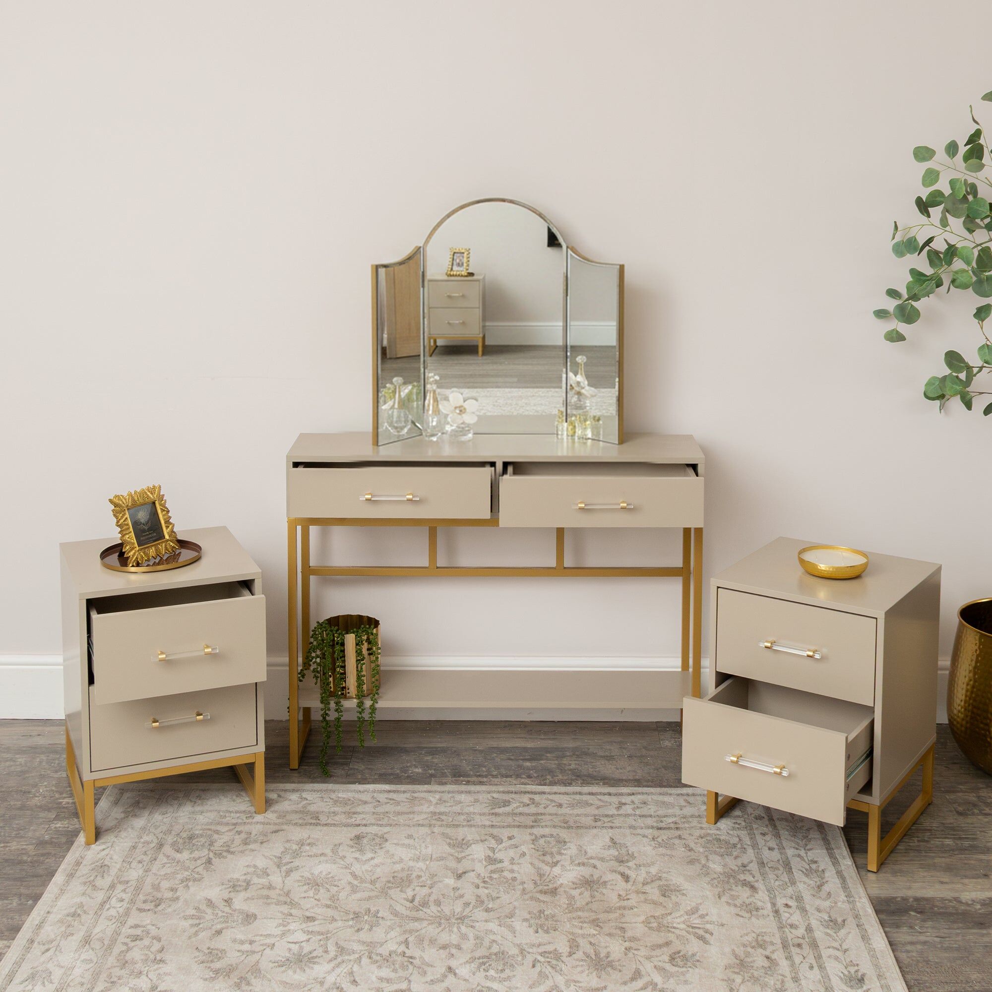 Two Drawer Dressing Table Set & Pair of Two Drawer Bedside Tables - Liana Taupe Range Coated MDF, Metal