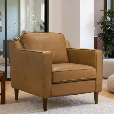 "32.7"" Genuine Leather Lounge Chair with Track Arms and Walnut-Finished Legs and Mid-Century Modern Design"
