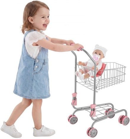 VEVOR Kinderwinkelwagen met inklapbaar zitje, Roze en Zilver, Metaal en Kunststof