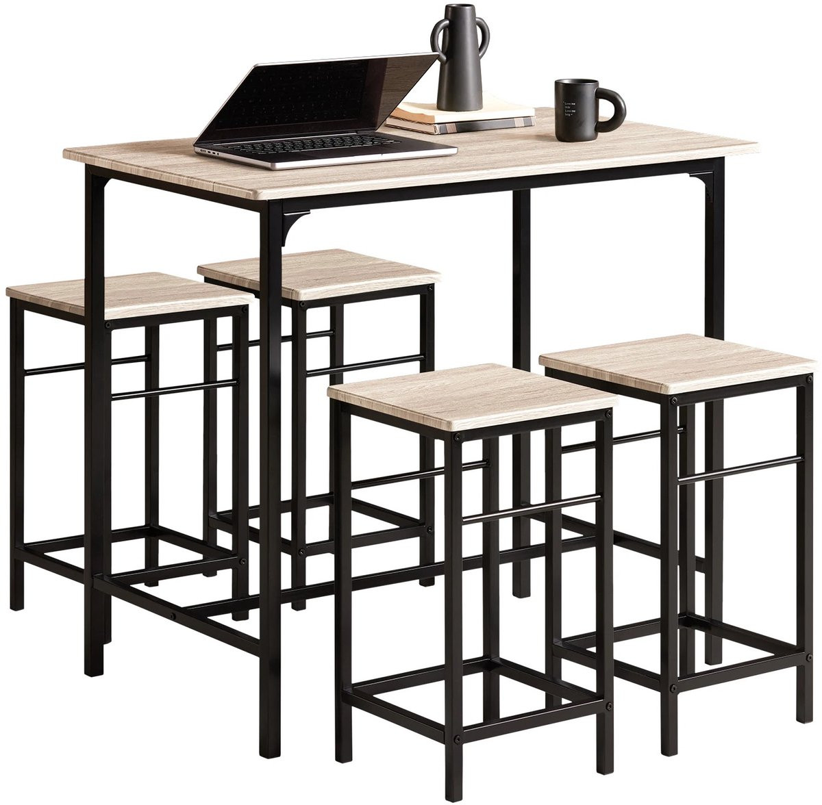 Gudalio Bartafel Set met 4 Barkrukken - 5-delig - Modern Houtpatroon - Zwart
