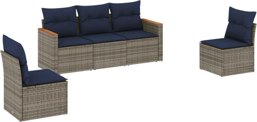 5-teiliges Gartensofa-Set mit Kissen, grau, Polyrattan