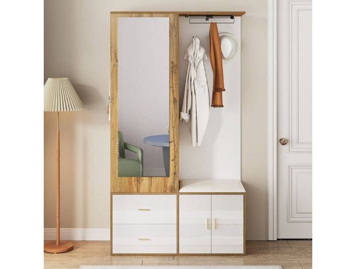 Ensemble de garde-robe - Meuble d'entrée de couleur blanche et bois avec miroir - Vestiaire d'entrée