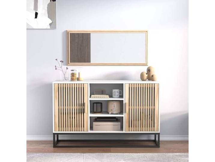 RJPLMFV Anrichte, weiß, 105 x 30 x 65 cm, Holz, Technik Tür aus Holz, stabiler Eisenfuß, große Aufbewahrung, Wandbefestigung inklusive
