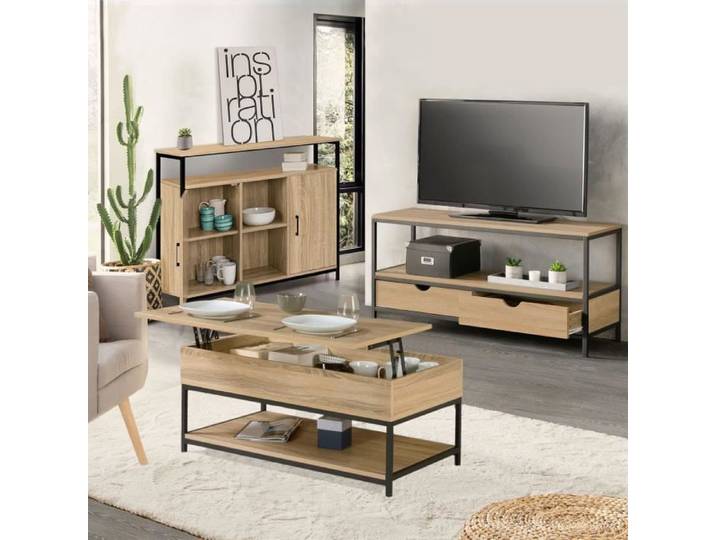 IDMARKET Ensemble meubles de salon buffet table basse relevable et meuble TV DETROIT design industriel