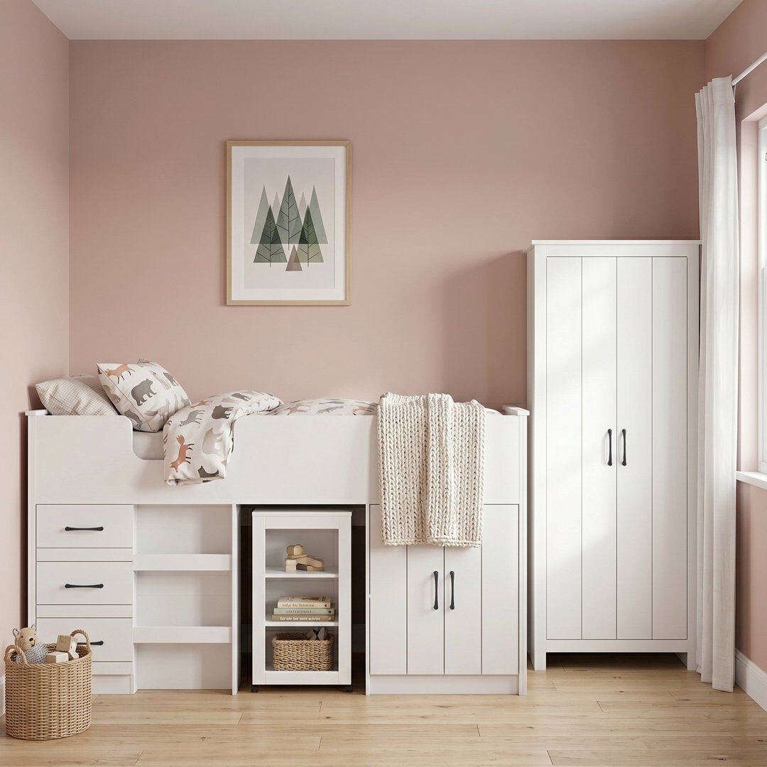 17 Stories Kids Midsleeper With Wardrobe Bedroom Set White