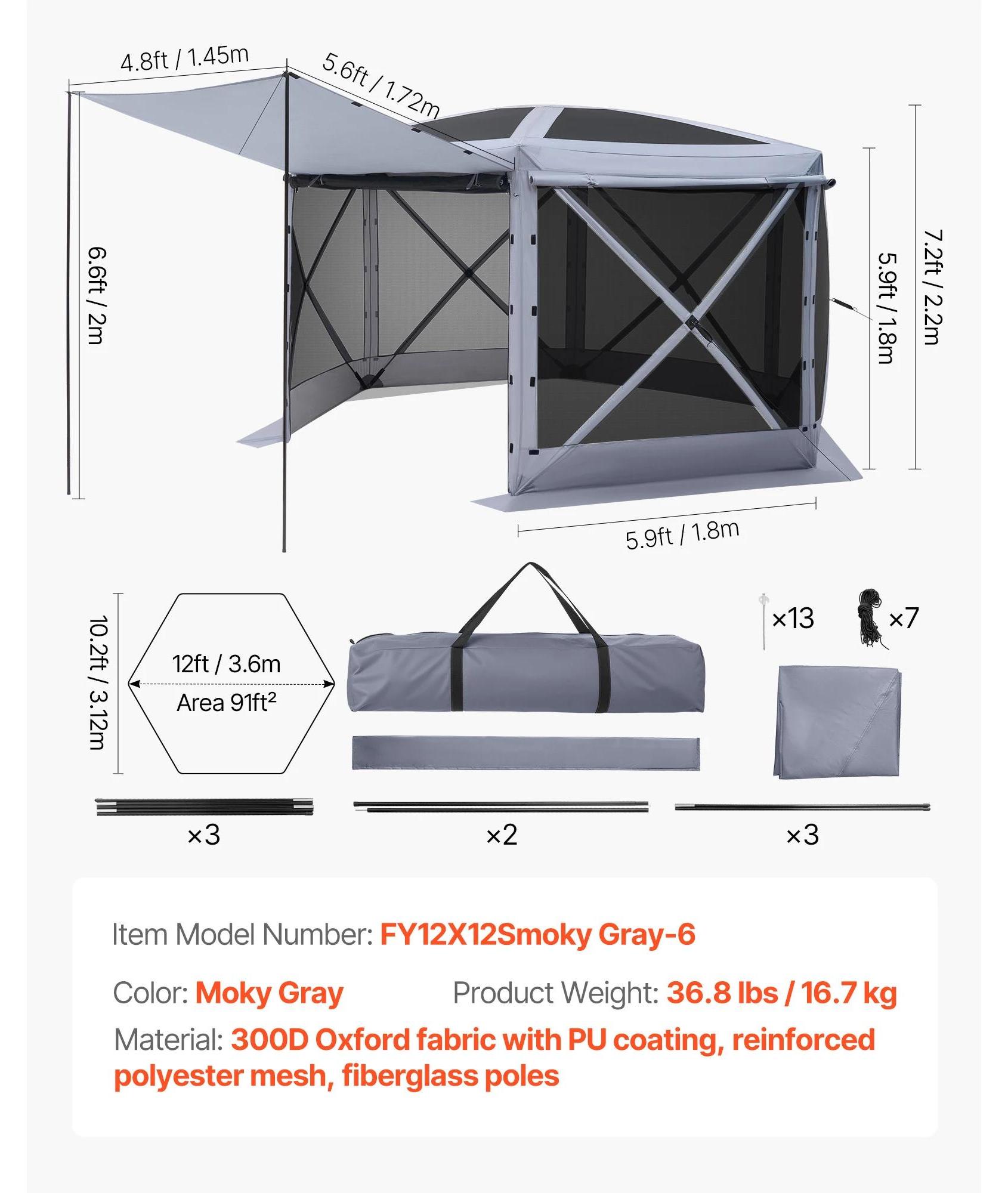 Bildschirmzelt, Pop-Up-Design, wetterfester Baldachin, 12x12ft Grau