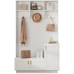 OKWISH Garderobenset mit Bank und Schuhablage 200x120x40 Flurgarderobe Flursitzbank mit 3 Haken Ablagefach Stauraum modern Weiß