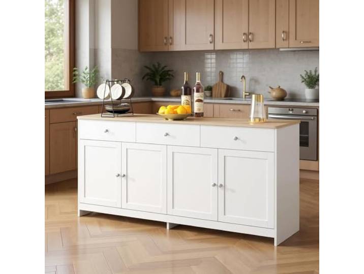FurnitureR Elegante Weiße Kücheninsel mit MDF, Modernes Design mit Stabilem Stauraum für Küche und Esszimmer, Ideal für Platzsparende Aufbewahrung, 3-Schubladen und 4 Türen für Optimale Organisation