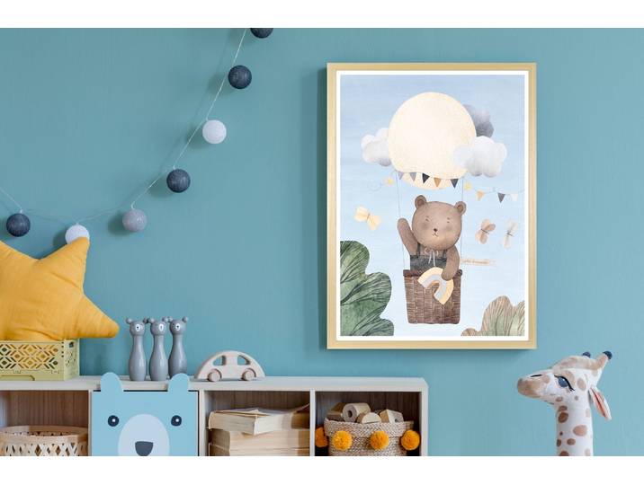 Bild mit Rahmen QUEENCE Bär im Heißluftballon , weiß (farbe bild(er): blau), B:40cm H:50cm T:1,5cm, Holz, Plexiglas, Bilder, Bild mit Rahmen
