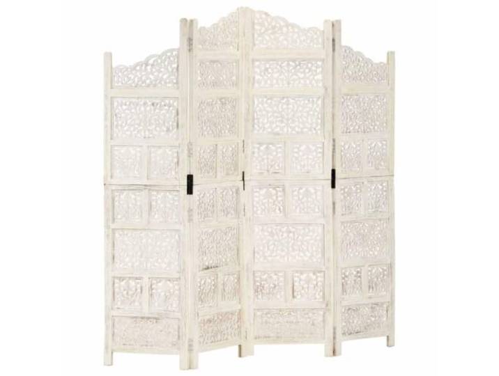 NLQMSU Trennwand, 4 Teile, Weiß, 160 x 165 cm, Mangoholz Faltbarer Paravent, handgeschnitzte Motive, Raumteiler, Massivholz, einfache Montage, vielseitig einsetzbar