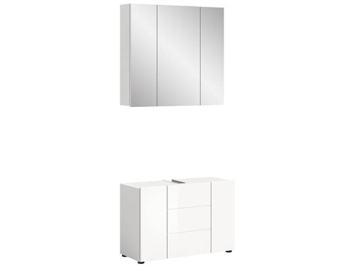 Homes & Jones Meuble sous Vasque VIRA 82 cm 3 Portes + Armoire de Toilette -Mélamine Blanc/Blanc Brillant