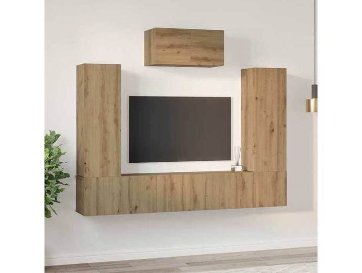 Lot de 7 Meuble TV élégant - ECOHOME - bois d'ingénierie - chêne artisanal - 180 x 30 x 120 cm - 7 portes à charnières - 6 étagères@