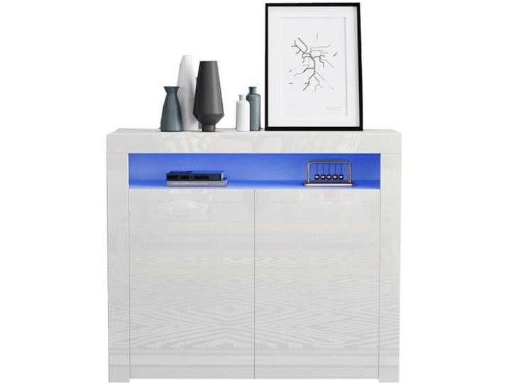 Buffet bas LED contemporain blanc façades laqué brillant - L 108 cm