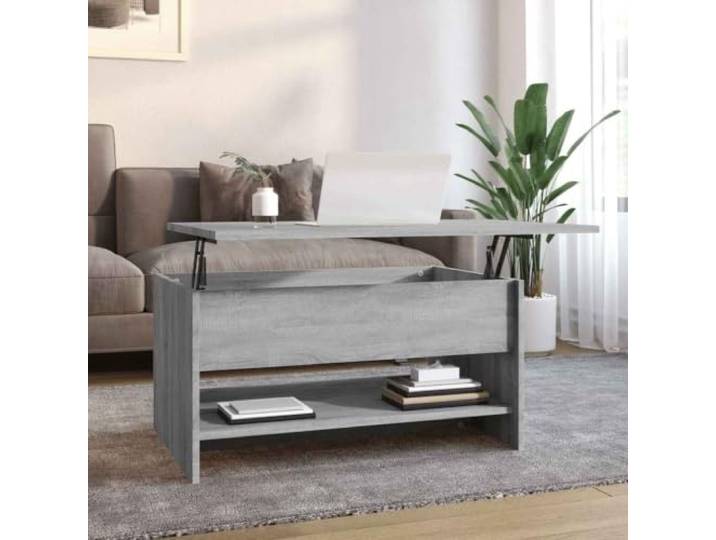 HEFZGDB Couchtisch Grau Sonoma 80x50x40 cm Holzwerkstoff mit Verstellbarer Tischplatte und verstecktem Staufach für Bücher Zeitschriften modernes Design