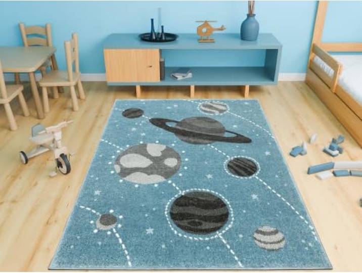 AKCILA Lima Kinderteppich Blau Grau mit Planeten und Sternen 200x290 cm weicher moderner Teppich für Kinderzimmer, pastellfarbenes Weltraum Design, Kinderteppich in verschiedene Größen