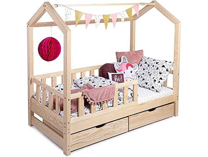 Sanmar Kinderbett Bett Hausbett 120x200 mit Rausfallschutz Lattenrost und Schubladen Bettgestell aus Kiefer Holz für Haus Kinder Jungen & Mädchen - Holzbett Baby Kinderzimmer Junge Deko