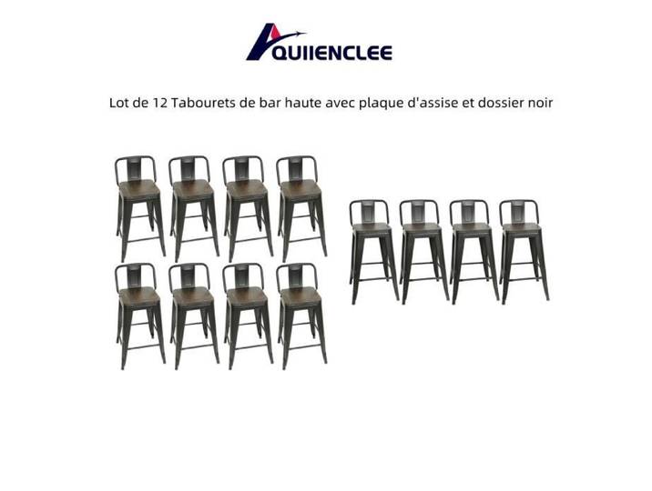Lot de 12 Tabourets de bar haute - QUIIENCLEE - Noir - Industriel - Loft - Métal