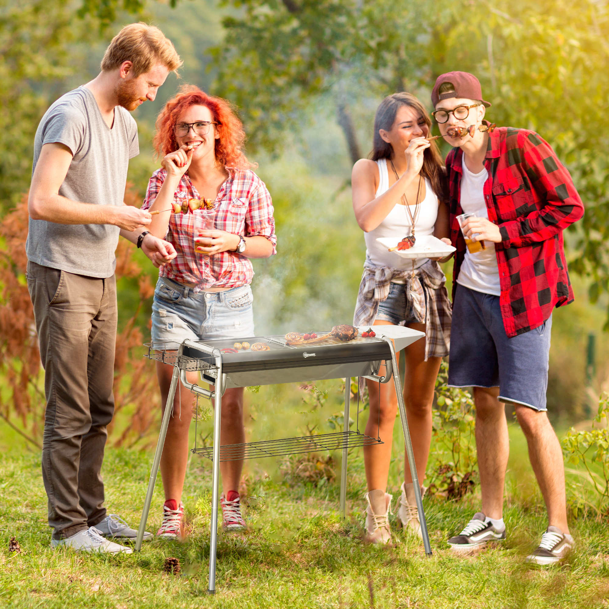 Outsunny Barbecue a Carbonella con Griglia e Piastra di Cottura, Cestino e Ripiani, 96x61x72cm, Nero Aosom