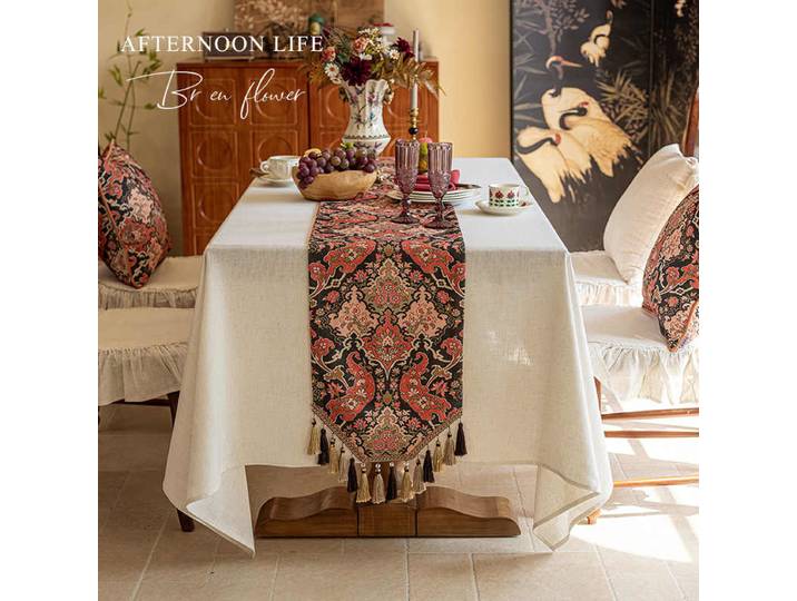 Chemin de Table à Manger à Motif Rétro, Nappe à Café, Décoration de la Maison, Pompon, Fleur, Marron, Rouge, Armoire de Luxe