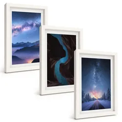 BILDER SET 3er Set - 20x30 cm Weißer Rahmen - Nachthimmel, Berge, Winterlandschaft