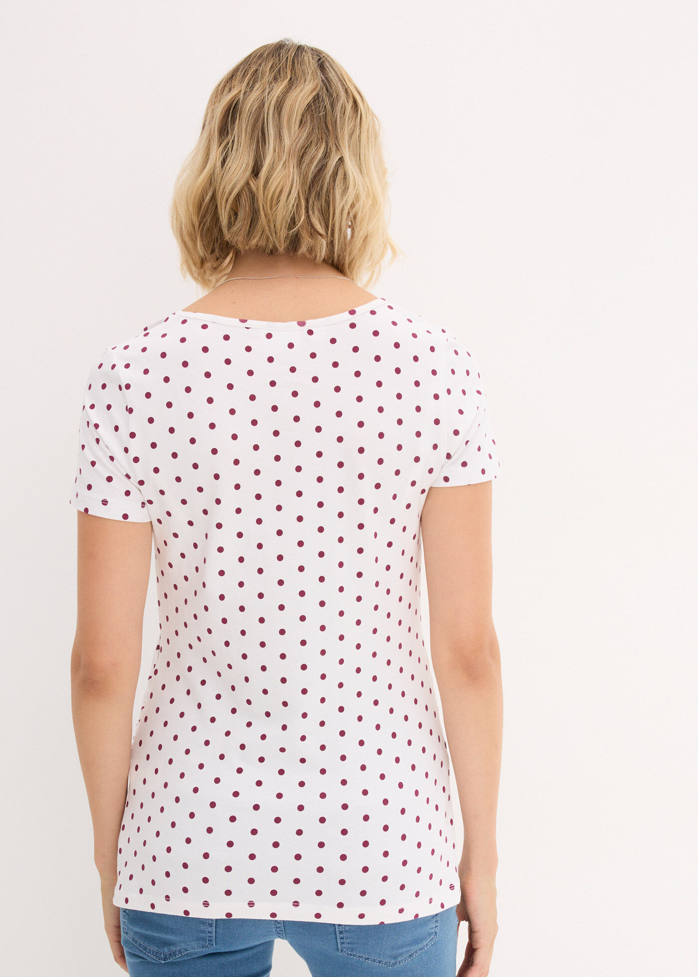 Umstandsshirt BONPRIX, Damen, Gr. 40/42 (M), lila (beere, weiß gepunktet), Obermaterial: 95% Baumwolle, 5% Elasthan, gepunktet, figurbetont, Rundhals, Shirts Umstandsshirt, figurbetonte Passform, seitliche Raffungen, gepunktetes Design