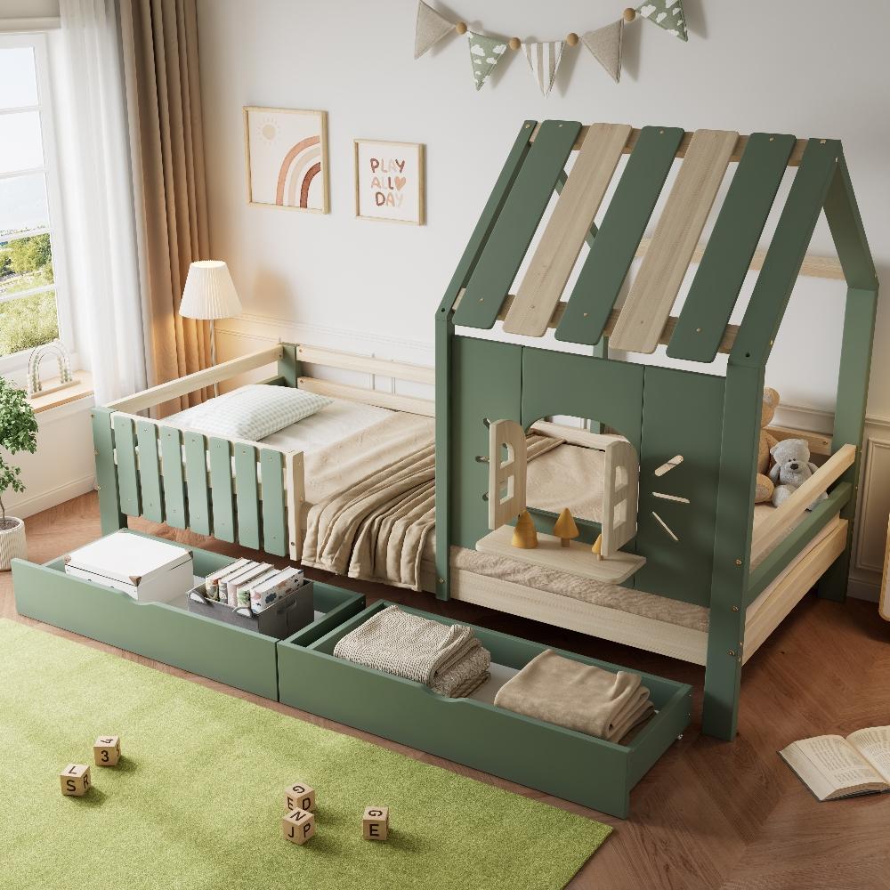 Kinderbett 90x200cm Hausbett mit Dach und Fenster, Kinderbett mit 2 Schubladen aus Kiefer, MDF und Sperrholz in Grün+Natur