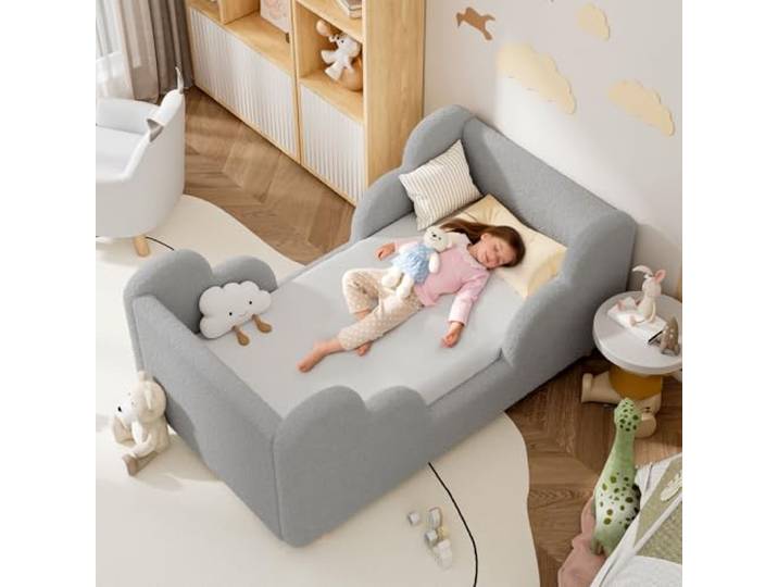 Meulbaty Grau Süß 70x140cm Wolke Kinderbett, Matratze Nicht Enthalten Niedliches Design, Kiefernholzrahmen + Weich Gepolsterte Kanten, Einfach aufzubauen, ideal für Kinder Mädchen und Jungen