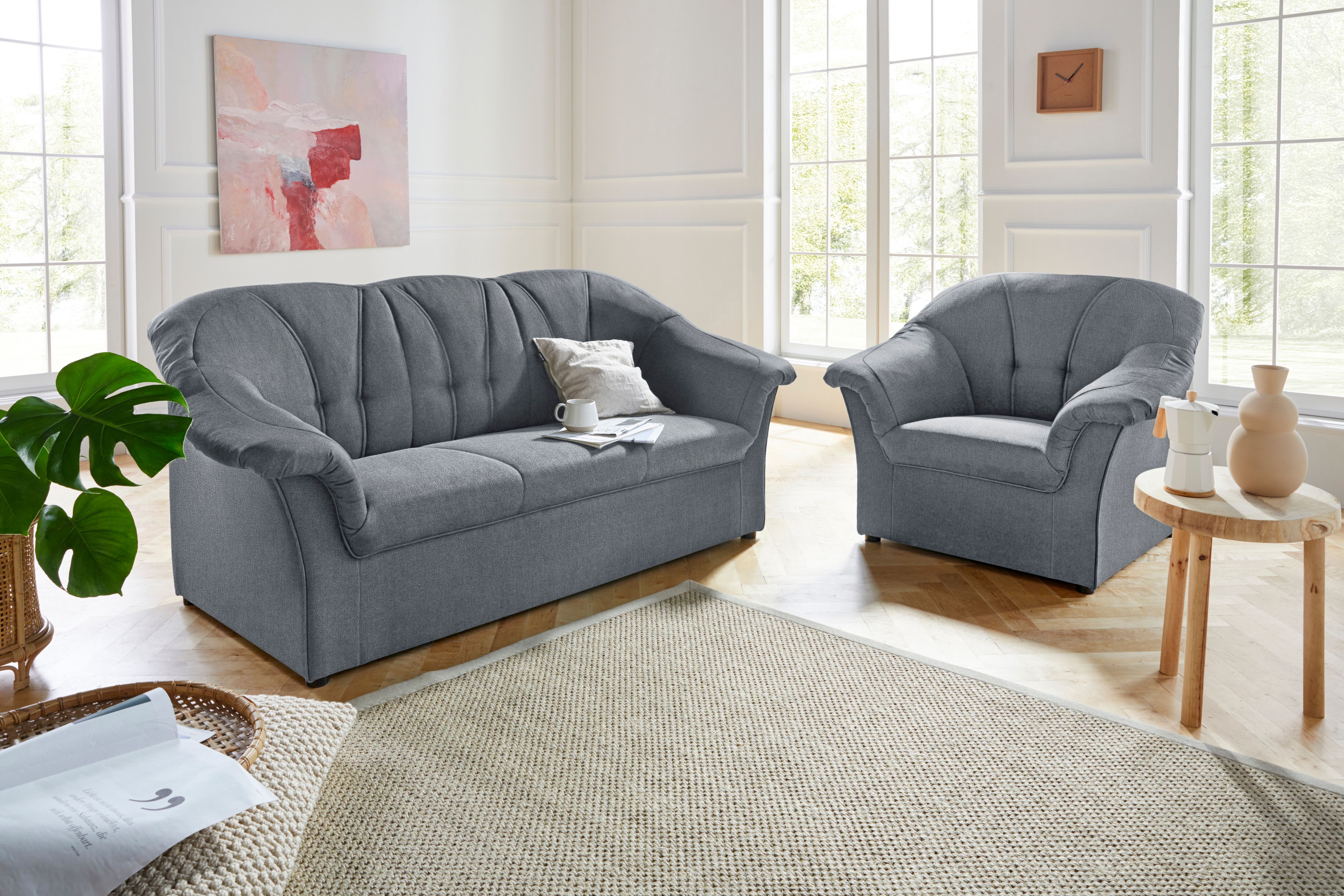 Polstergarnitur DOMO COLLECTION "Pegnitz zeitlos und elegant", grau, Chenille-Optik, 95% Polyester, 5% Nylon, Sitzmöbel-Sets, Polstergarnitur, Sessel und 3-Sitzer grau Chenille-Optik