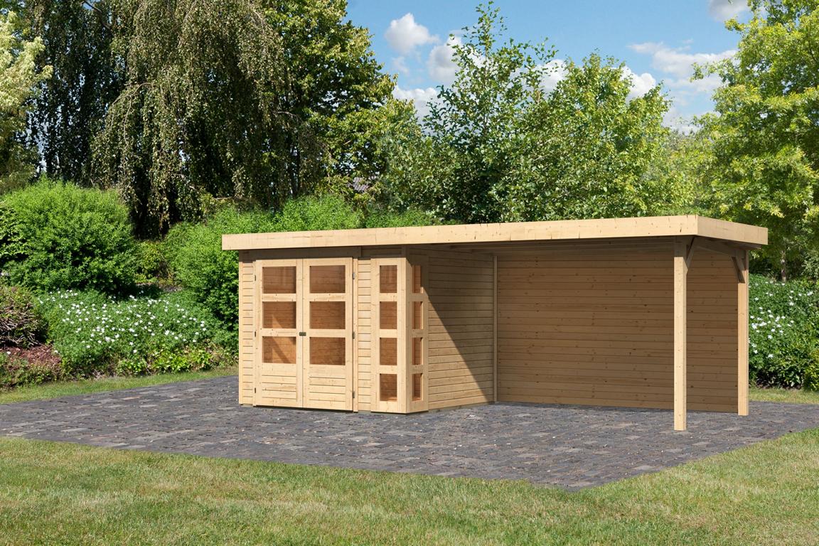 KARIBUHOLZT SH Kerko 3 natur 242x217x211cm mit Anbaudach 2,80m + Rückwand 16905542