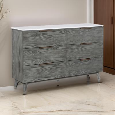 Benjara Tira 63 Inch Wide Dresser, 6 Drawers with Handles, White Marble Top, Gray