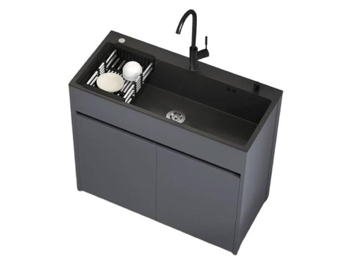 Freistehende Edelstahl-Spüle mit Unterschrank, 68/80cm Mehrzweckspüle, Aluminium-Schrank, Kalt-/Warmwasser-Armatur, Einzelbecken, Innen-/Außenbereich, Küche/Bad(B-Grey,L:80cm)