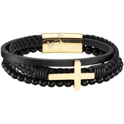 Lederarmband BRUNO BANANI "Schmuck", schwarz (gelbgoldfarben, schwarz, schwarz), Armbänder, Damen, 21cm, Edelstahl Leder, Edelstahl, Leder, Lederarmband, mit Achat