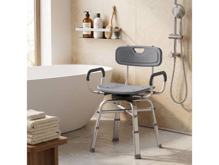 HOMCOM Chaise de Douche Pivotante Réglable Accoudoirs Dossier Gris