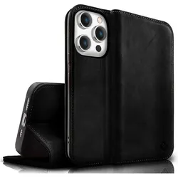 Nalia Echt Leder Flip Case Hülle mit Magnetverschluss (Apple iPhone 15 Pro), Smartphone Hülle, Schwarz