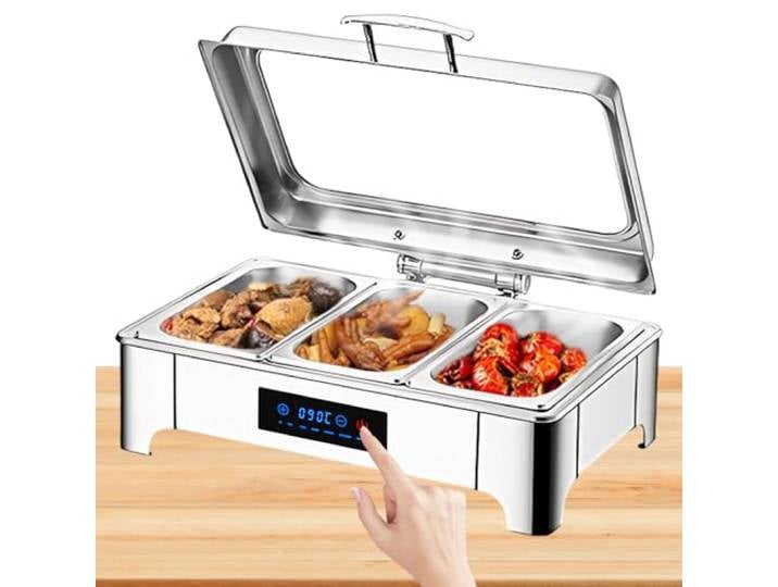 BOVDC Chafing Dish Elektrisch 9L, Edelstahl (B, 1/3 Pan) Elektrische Warmhaltebehälter Einstellbare Temperatur, Rechteckiger Chafing Dish Set Speisenwärmer mit Sichtbarem Glasdeckel