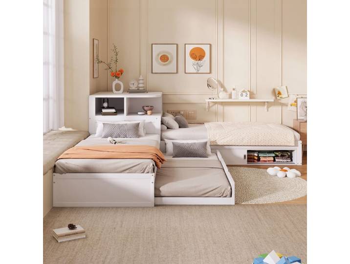 Lit plateforme 2x90x200cm avec lit gigogne 90x190cm lit enfant avec armoire de rangement. lit double Sommier à lattes blanc