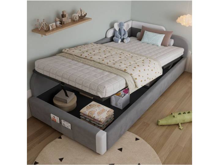 Lit enfant avec rangement hydraulique barrière souple surélevée poche de rangement - ELVMI - en velours gris 90 x 200 cm