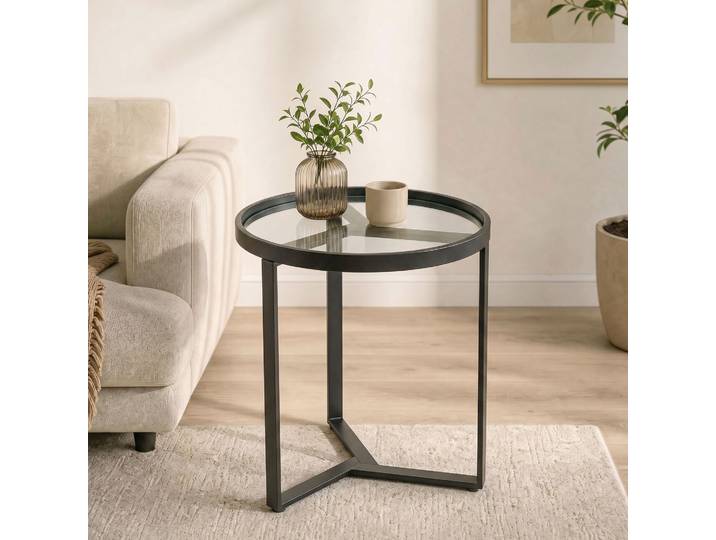 HOMCOM Table d'Appoint Ronde Verre Métal Noir Petits Espaces